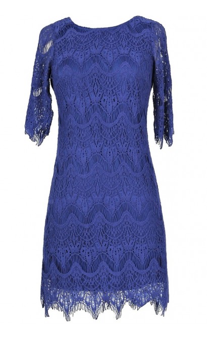 Vintage-Inspired Lace Overlay Dress in Bright Blue